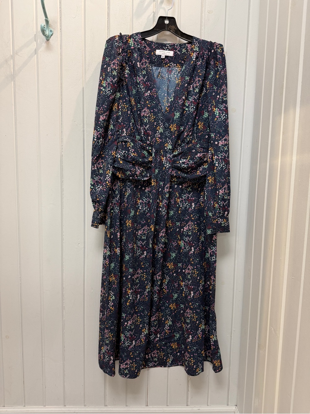 Derek Lam Collective Floral V-Neck Long Sleeve Midi Dress in Navy
